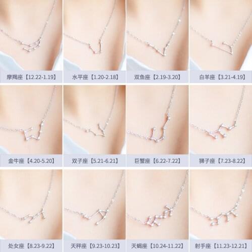 New Trendy Twelve Constellation Zodiac Sign Necklace 925 Sterling Silver Crystal Pendant Women Wedding Jewelry Birthday Gift