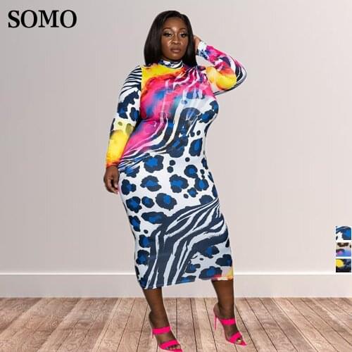 Elegant Maxi Dresses for Women Long Sleeve Bodycon Dress Stretch High Waist Plus Size Leopard Print Dress Wholesale Dropshipping