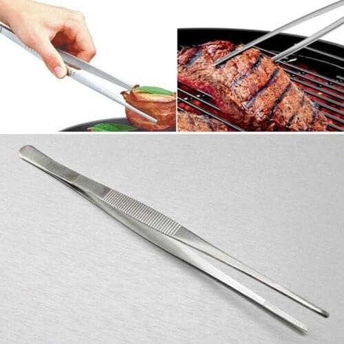 Silver Stainless Steel Long Food Tongs Straight Tweezers Kitchen Tool