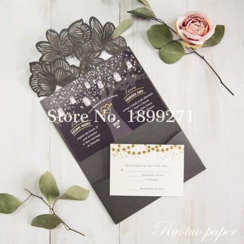 1pcs Sample Hotsell Unique Graceful Flowers Tri-fold Laser Cut Pocket Greeting Card Wholesale Wedding Invitation Cards RC118-303