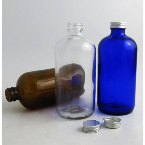 2pcs 480ml Big Refillable Amber Blue Clear Boston Round Glass Bottles with Aluminum lids 16 oz Large Glass Containers