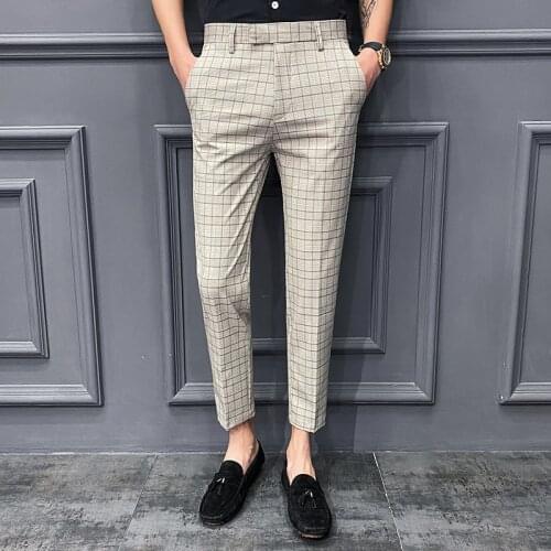 2021 slim thin section plaid small feet nine-point suit pants mens summer youth Korean fashion business casual pants
