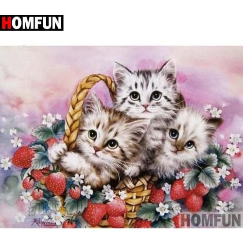 HOMFUN Full Diamond "Animal cat strawberry"DIY 5D Diamond Painting Cross Stitch Home Decor Picture Of Rhinestone Handmade A27459