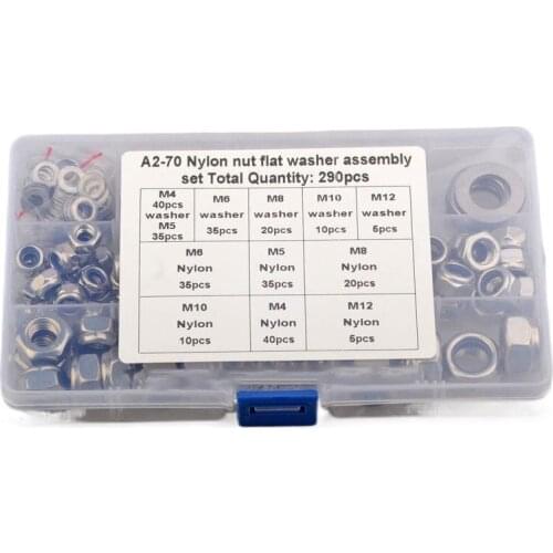 GTBL 290Pcs Lock Nuts Set with Flat Washer Set Nylon Insert Nyloc Nut Stainless Steel Locking Stop Nuts