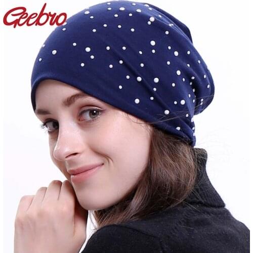 Geebro Brand Womens Beanie Hat Autumn New White Pearl Dot Slouchy Beanie for Women Female Polyester Plain Skullies Beanies
