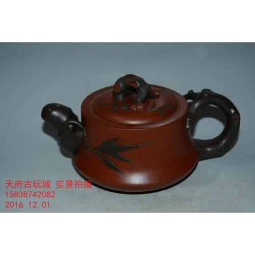 Old Qing Dynasty ZiSha Pottery Tea Pot,bamboo&Bamboo & Plum Blossoms, with Mark,best collection& adornment, Free shipping