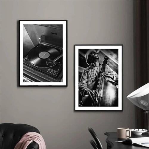 Black and White Wall Art Poster Guitar Jazz Music Portrait Cigarette Canvas Painting Retro Bar Cafe Living Room Home Decor