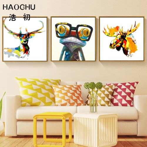 HAOCHU Colorful Glasses Frog Elephant Lovely Dog Print Oil Painting Cartoon Animal Abstract Wall Poster Living Room Decor Mural