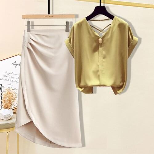 Skirts Sets Womens Dress Summer OL Suit Big Size Temperament Short Sleeve Hip Skirt Suits Two Piece Mini Blouses Japanese