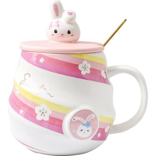 450ml threaded big belly mug male and female cartoon cute rabbit ceramic water cup with spoon and lid student couple cup