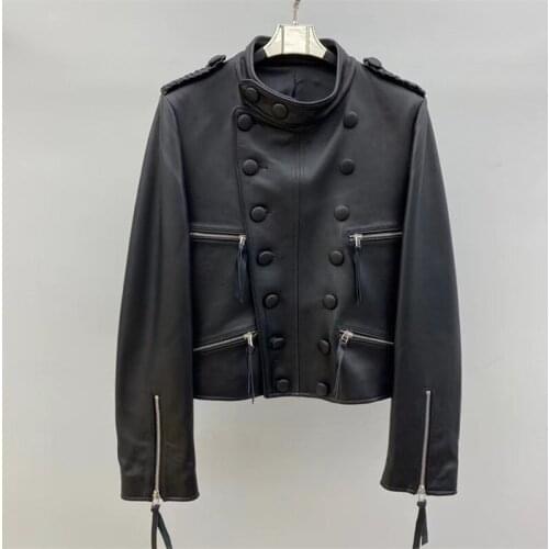 Double breasted genuine leather jacket female stand collar soft real leather coat women black natural sheep leather tops