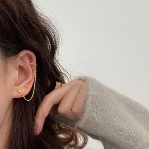 Minimalist Gold Crystal Stud Link Chain Earclip Piercing Earcuff Earrings for Women 2020 Accessories Fashion Jewelry
