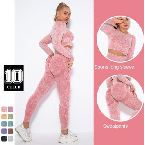 New Washed Tie-dye Seamless Suit Sports Set Woman 2 Pieces Long-sleeved Top T-shirt Sexy Yoga Pants Gym Workout Set Sportswear