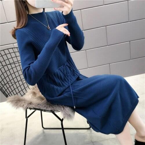 Autumn New Fashion Half-Collar Lace-up Knitted Dress Elegant Slim Midi Pullovers Sweater Dresses For Women