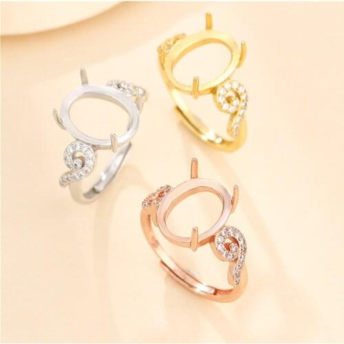 Ring Setting for 10x12.5mm Oval Cabochons Ring Base Gold Plated 925 Silver Zircon Adjustable Ring Blank SR0144