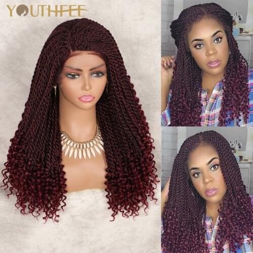 Youthfee Braided Wigs Lace Front Synthetic Wig With Baby Hair 20"Twist Braid Wigs With Curls For Women Lace Frontal Briading Wig