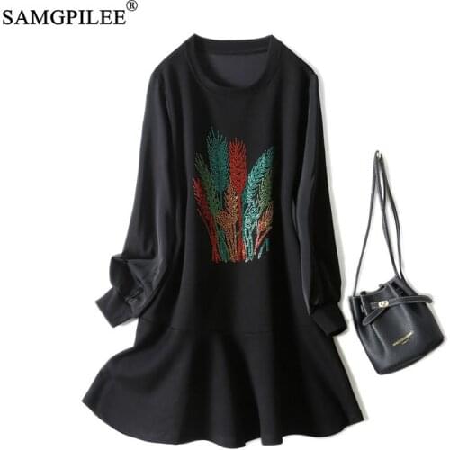 Casual Women Dresses 2021 New Retro Hot Rhinestone Pattern Loose Trumpet Knee Length Space Cotton Korean Style Female Clothing