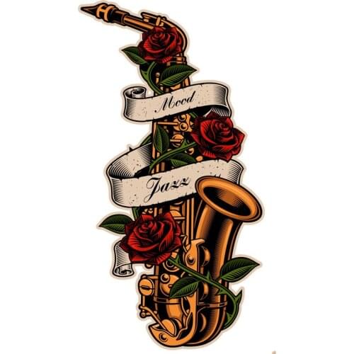 Retro style saxophone musical instrument rose tattoo OLD SCHOOL motorcycle sticker decal #767