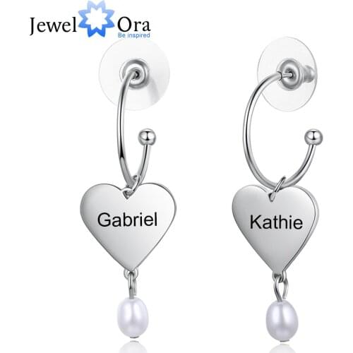 JewelOra Designer Personalized Name Engraved Heart Drop Earrings Customized Simulated Pearl Earrings for Women Wedding Gifts