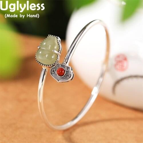 Uglyless China Chic Gemstone Gourd Bangles for Women Glossy Silver Vintage Fashion Jewelry Hotan Nephrite Jade 925 Silver Bangle