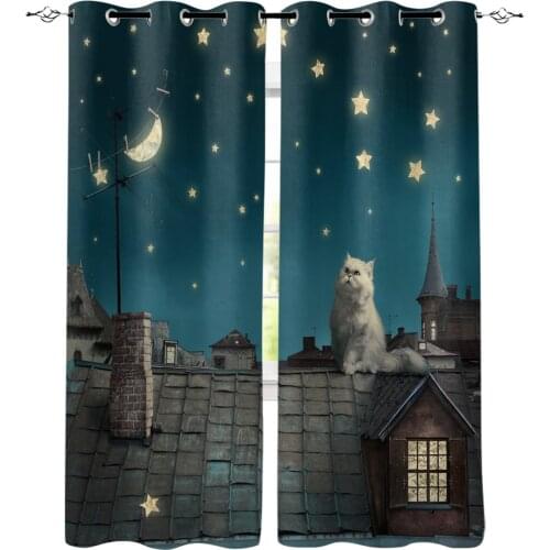 Roof Kitten Night Moon Stars Curtains for Living Room Children Bedroom Decoration Home and Kitchen Products Windows Drapes