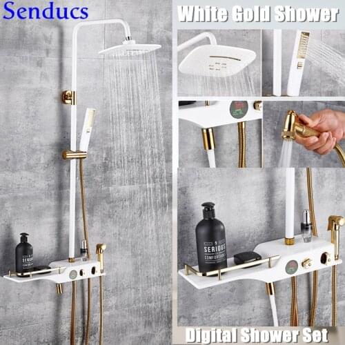 Senducs White Gold Digital Shower Set Quality Brass White Gold Bathroom Shower Mixer Faucet with 8 Inch Rainfall Shower Head