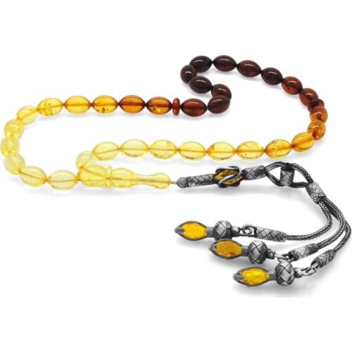 Tesbihane 1000 Sterling Silver Tria Kazaz Tassels Barley Cut Yellow-Red Drop Amber Prayer Beads