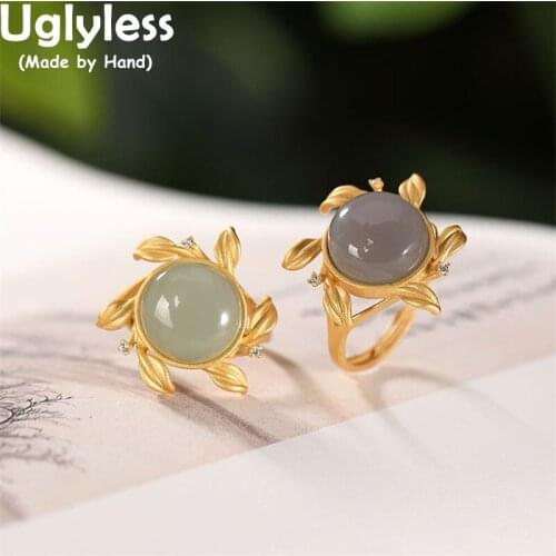 Uglyless Blooming Flower Rings for Women Natural Jade Gemstones Jewelry Handmade Gold Leaves 925 Silver Floral Rings Fashion