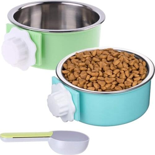 2 Pieces Crate Dog Bowl, Removable Stainless Steel Pet Kennel Hanging Food Water Feeder Bowl Cage Coop Cup With Spoon