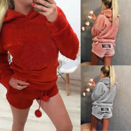 Women Ladies Soft Warm Long Sleeve Hoodie+Shorts Two Piece Set Pajamas Sleepwear Cartoon Cats Form Cute Sweet Clothes