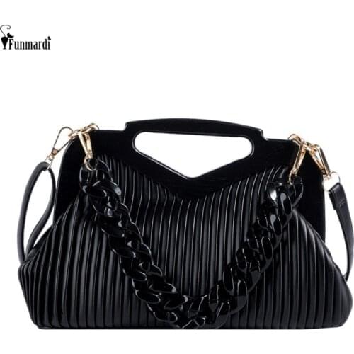 FUNMARDI Brand Women Handbags Fashion Striped Pleated Crossbody Bag Female Chain Shoulder Bag Luxury PU Leather Handbag WLHB2462