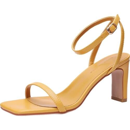 Sexy word buckle sandals women 2020 summer new PU Buckle Strap 7.2CM Thick High Heels Square Toe Shallow Back Strap black yellow