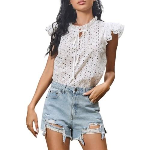 EFINNY Summer Elegant Hollow Out Women Blouses White Tops for Women Lotus Leaf Sleeve Tops Shirts Office Lady Wear