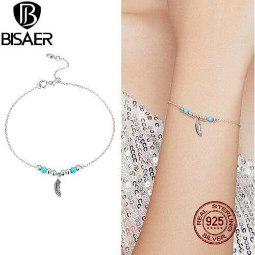 BISAER Feathers Bohemia Bracelets 925 Sterling Silver 19cm Adjustable Wrist Chain Link Bracelet For Women Vintage Jewelry ECB181