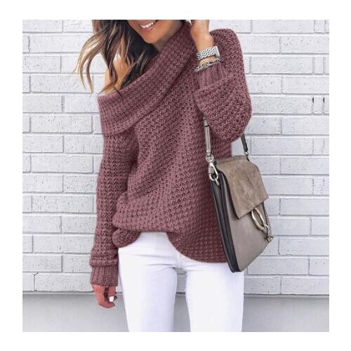 Women Knitting Pullover Long Sleeve Blouse shoulder pile collar Slim Solid Color Casual Sweater plus size