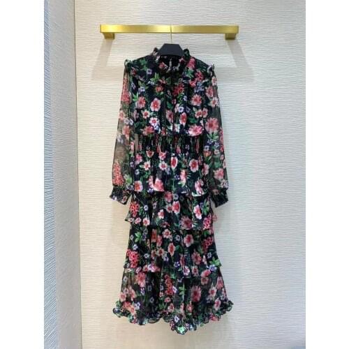 New 2021 Summer Fashion Runway Midi Dress Women Long Sleeves Flowers Printed Vintage Ruffles Dress vestidos