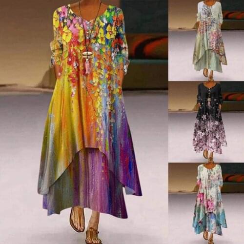 Women Fashion Long Sleeve Dress Mid Waist Irregular Hem Floral Ankle-length Dress for Dating for Daily Going Out Streetwear