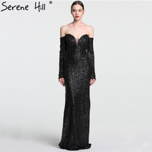 Sexy Off Shoulder Long Sleeve Sequined Long Evening Dresses 2020 Black Floor Length Prom Dress Party Dubai Real Photo BLA6128