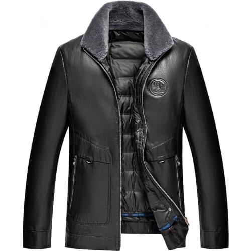 Winter thickened down Lapel middle aged mens leather jacket detachable liner fur collar coat
