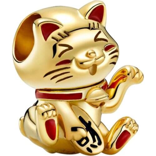 1Pcs New Cute Golden Lucky Cat Pendant DIY Beads Suitable for Original Pandora Charm Bracelet Ladies Jewelry Making Gifts