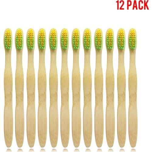 12 Pack Bamboo Toothbrush Yellwo+green Bristles soft-bristle Soft Toothbrush For Adudlt Wooden Handle