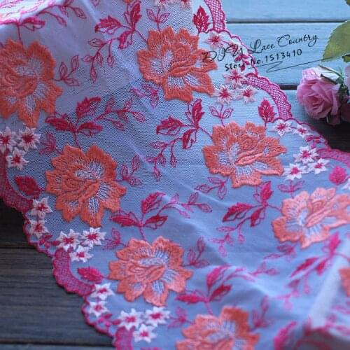2yds/lot 20cm wide Embroidered Floral Tulle Lace Trim~Orange + red~beautiful~luxury