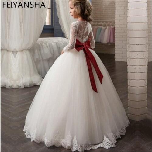 White Lace First Communion Dress For Girls with Red Bow Tulle Long Sleeve Flower Girl Dresses Pageant Gown Custom Made
