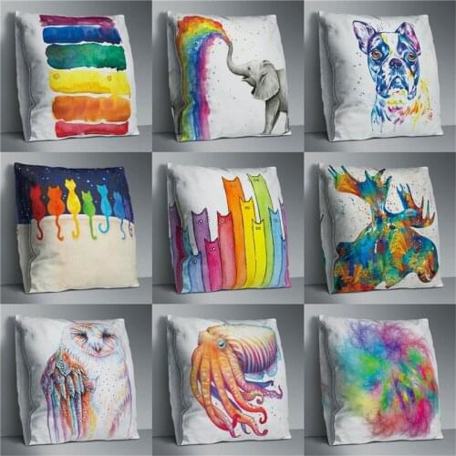 Double-sided Animal Printing Cushion Cover Polyester Rainbow Cat Dog Elephant Birds Zebra Decorative Pillow Case