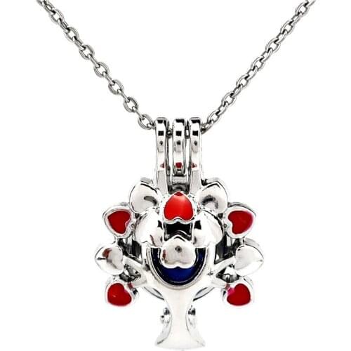 K1121 Silver Red Enamel Beauty Tree Beads Cage Pendant Stainless Necklace Aroma Essential Oil Diffuser Locket