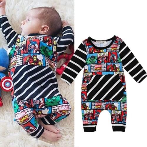 Newborn Infant Baby Girls Boys Fashion Autumn Romper Cartoon Print Striped Pocket Jumpsuits Romper 0-24M