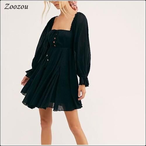 2020 Summer Women Square Collar Bohemia Dress Solid Color Lantern Sleeve Casual Dresses Empire Waist Backless Mini Dress Costom