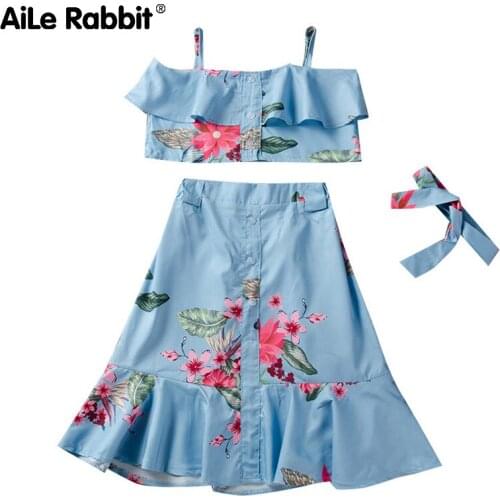 Summer Hot Floral Girl Suit Strap Long Skirt Headband 2 Piece Set Fresh Flower Childrens Clothing For Girls Ins Fashion Style