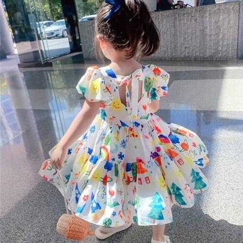 Malayu Baby Girls Dress 2021 Summer New Kids Cartoon Graffiti Puff Sleeve Baby Girl Princess Dress Cute Girl Clothes 2-6 Year