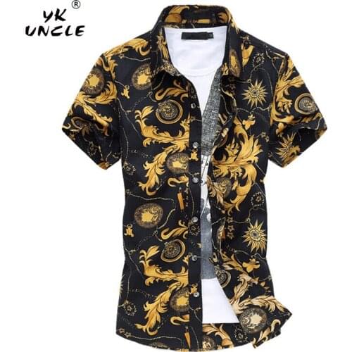 YK UNCLE Brand Men Shirt New Fashion Gold Floral Printing Casual Slim Fit Hawaiian Camisa Masculina Short Sleeved Shirts M-6XL